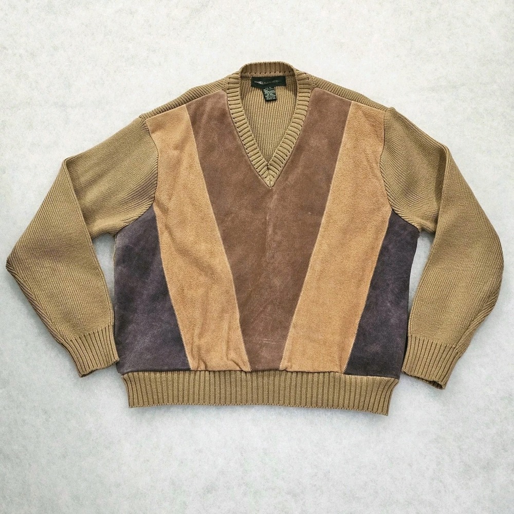 Vtg Hill & Archer Suede Patchwork V-Neck 90s Grandpa Sweater Size XL Earthtone